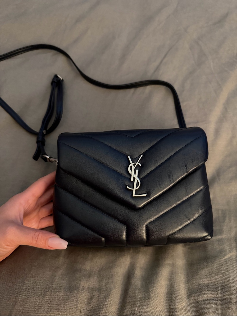 Saint Laurent Black Chevron Quilted Leather Crossbody with Silver YSL - Picture 1 of 12